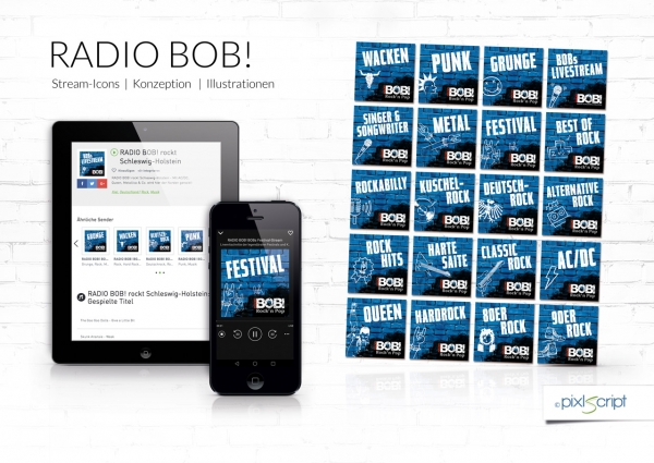 Für den Radiosender RADIO BOB! haben wir ein neues Icon-Set mit individuellen Illustrationen zur Nutzung auf Streaming-Plattformen konzipiert und ausgestaltet.
