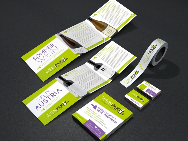 Für das Startup Weinpaket24 haben wir verschiedene Flyer, Visitenkarten und individuelles Paketband gestaltet.
