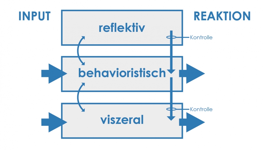 Digramm der drei Ebenen der Wahrnehmung nach Norman (viszeral, behavioristisch und reflektiv)