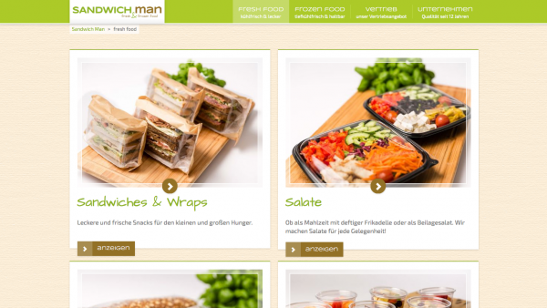 Screenshot der Produktübersicht der Webseite des "Sandwich Man"