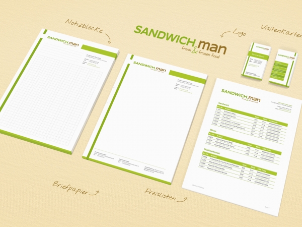 Für "The Sandwich Man GmbH" haben wir eine komplette Geschäftsausstattung in Anlehnung an das Webdesign entwickelt.