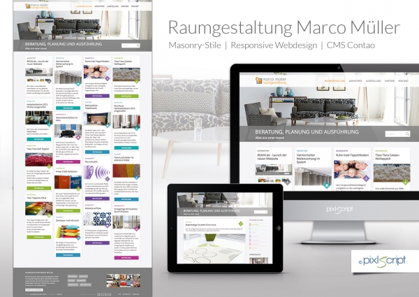 Aktuelles rund um Raumgestaltung bietet der Raumgestalter Marco Müller aus Hamburg auf seiner neuen Contao-Webseite im "Masontry-Stil".