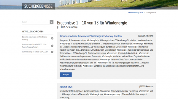 Screenshot der Suchergebnis-Seite der 'WindEnergy SH'-Webseite