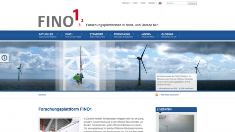 Die Gestaltung der Webseite der FINO1-Plattform ist an die anderen FINO-Webseiten angepasst.