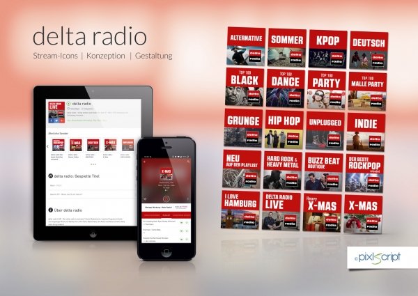 Nach RADIO BOB! nutzt auch delta radio von uns gestaltete Icons für die Webstreams im Internet.
