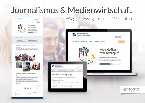 Die Webseite des Masterstudiengangs Journalismus & Medienwirtschaft an der FH Kiel bietet alle relevanten Informationen zum Studium an.