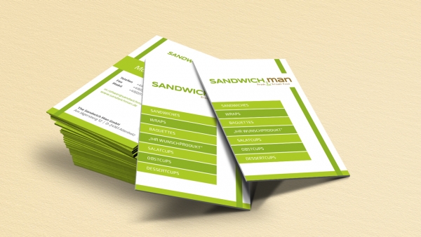 Montage mehrerer Visitenkarten des "Sandwich Man", die wir gestaltet haben.