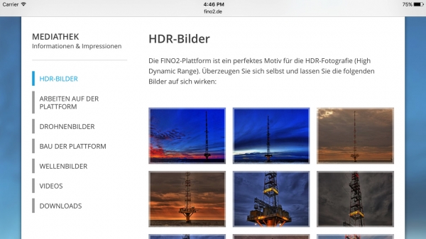 In der Mediathek werden eindrucksvolle HDR-Bilder der Plattform präsentiert.