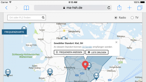 Über die interaktive Frequenzkarte lassen sich Radio-und TV-Programme schnell und einfach finden - auch über Tablets und Smartphones von unterwegs.