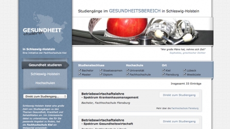 Die Webseite Gesundheit-Studieren-Schleswig-Holstein besteht in erster Linie aus einem Verzeichnis von Studiengängen.