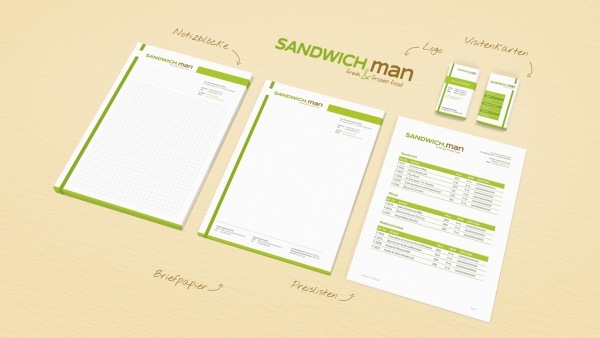 Notizblöcke, Visitenkarten, Preislisten: Für den "Sandwich Man" haben wir eine komplette Geschäftsausstattung gestaltet.