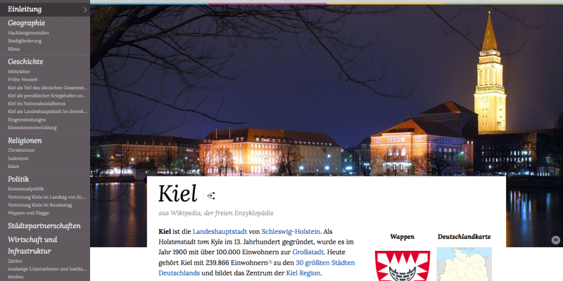 Screenshot des Wikipedia-Eintrags über Kiel in der App WikiWand.