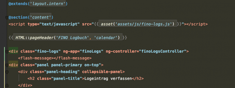 Screenshot eines Blade-Templates aus PHPStorm 8