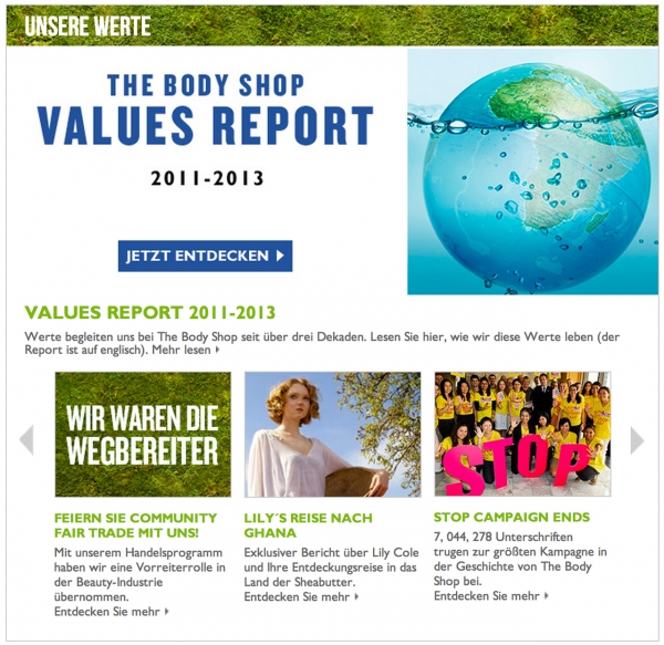 Screenshot der Webseite von "The Body Shop" mit Inhalten zu den Werten des Unternehmens