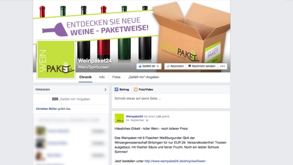 Screenshot des Facebook-Profils von Weinpaket24