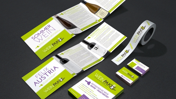 Flyer, Broschüren, Visitenkarten und Paketbänder für Weinpaket24