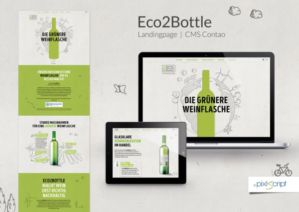 Nachhaltigkeit für Weinflaschen: Auf der Landingpage wird das Prinzip von Eco2Bottle erklärt (Kooperation mit Agentur Jung aus Kiel).