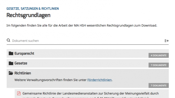 Verschiedenste Dokumente werden in Form einer interaktiven und durchsuchbaren Ordnerstruktur angeboten.